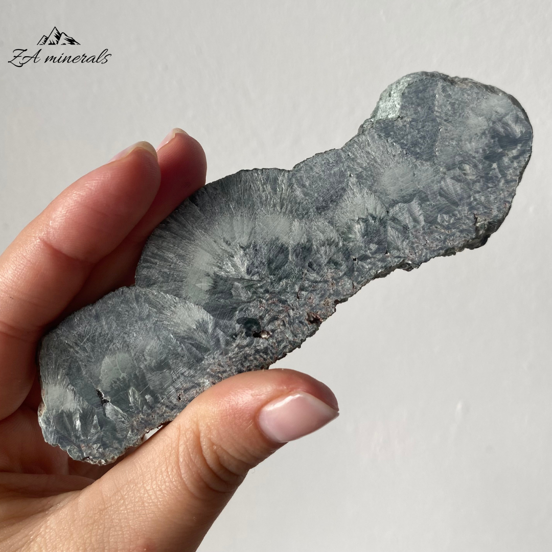 A variety of Clinochlore with a radiating/plumose structure. Gorgeous deep to light toned Greens. Shimmering silvery-white feather-like inclusions of chatoyant mica fibers. The face of the slice has been resined. The other side is sliced and natural.