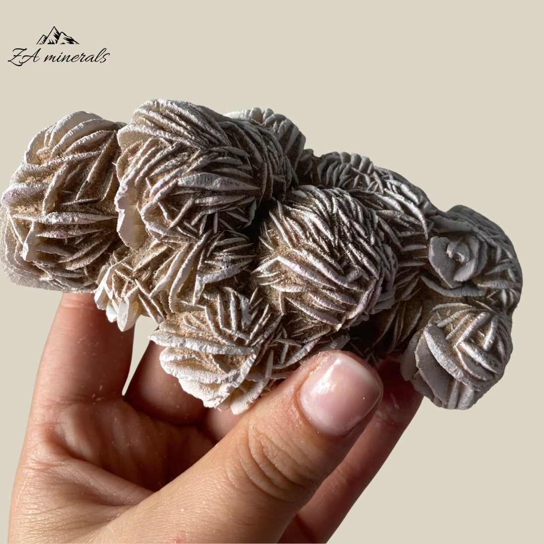 Large Cluster of densely intergrown rosettes of Desert Rose/ The gypsum crystals grow in a flattened, plate-like structure that radiates out from a central point, creating a shape that resembles a rose blossom.  Beautiful white edges due to heat treatment. Some of the blades are vitreous while most are matte. Sand grains are visible all over the piece.