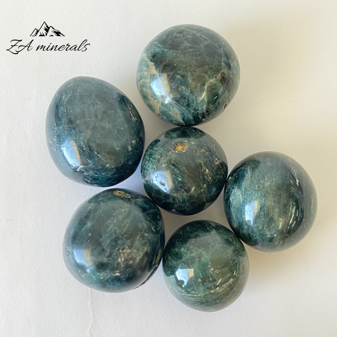 Polished deep blue to green toned apatite gumballs, set of six