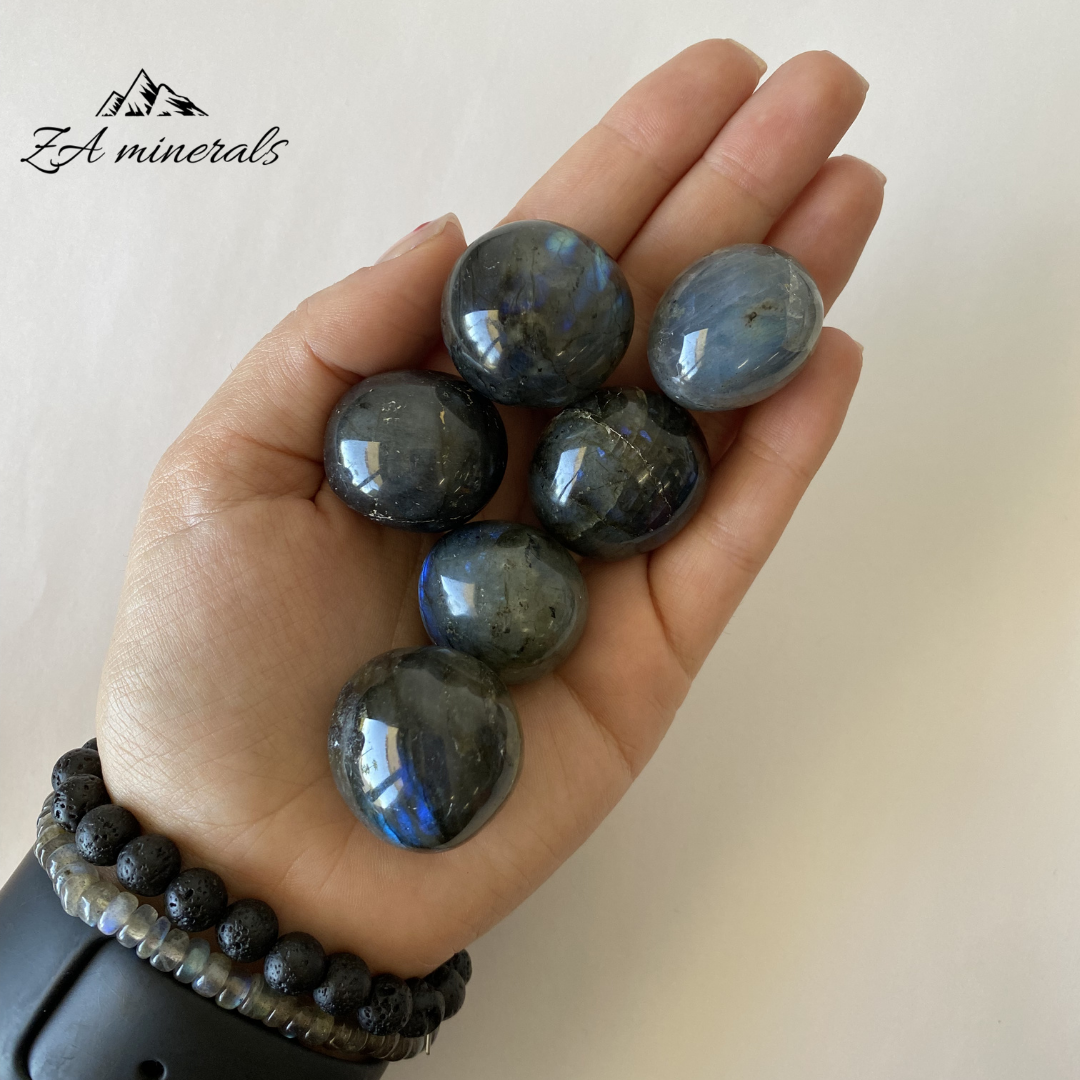 Size reference of Labradorite gumballs in hand